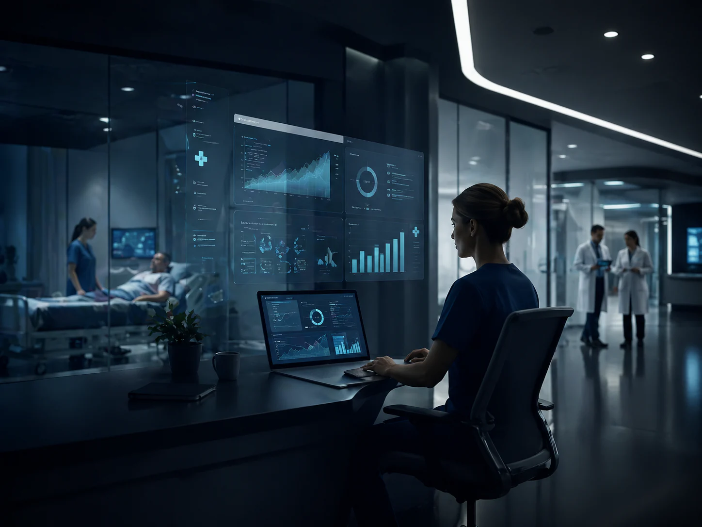 Modern healthcare team using operational dashboards in a hospital